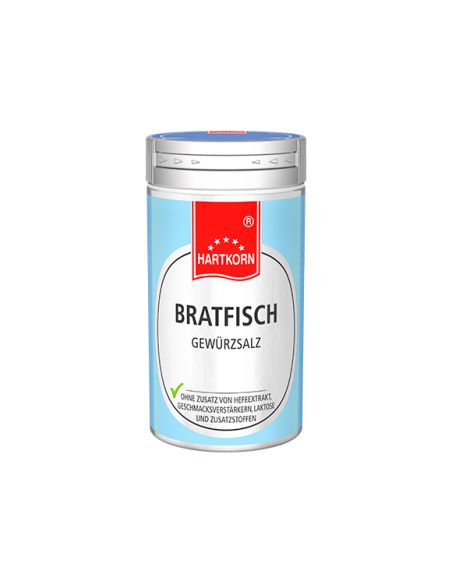 Gewürzdose von Hartkorn mit Aufschrift „Bratfisch Gewürzsalz“ vor weißem Hintergrund Gewürzdose von Hartkorn mit Aufschrift „Bratfisch Gewürzsalz“ vor weißem Hintergrund