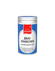 Gewürzdose mit der Aufschrift „Brathähnchen Gewürzzubereitung“. Die Dose ist blau mit weißem Etikett und rotem Markenlogo.