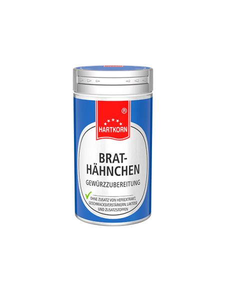 Gewürzdose mit der Aufschrift „Brathähnchen Gewürzzubereitung“. Die Dose ist blau mit weißem Etikett und rotem Markenlogo. Gewürzdose mit der Aufschrift „Brathähnchen Gewürzzubereitung“. Die Dose ist blau mit weißem Etikett und rotem Markenlogo.