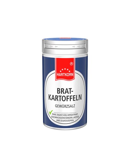 Dose „Bratkartoffeln Gewürzsalz“ von Hartkorn mit dunkelblauem Etikett und silbernem Deckel.