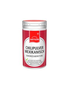 Rote Gewürzdose von Hartkorn mit der Aufschrift „Chilipulver Mexikanisch