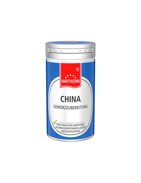 Gewürzdose mit blauem Etikett und rotem Hartkorn-Logo, beschriftet mit „CHINA GEWÜRZZUBEREITUNG" Gewürzdose mit blauem Etikett und rotem Hartkorn-Logo, beschriftet mit „CHINA GEWÜRZZUBEREITUNG"