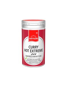 Rote Gewürzdose mit silbernem Deckel und drei stilisierten Chilischoten, Aufschrift „Curry Hot Extreme“