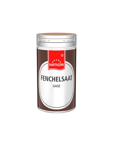 Braune Hartkorn-Gewürzdose mit rotem Etikett und der Aufschrift „Fenchelsaat ganz“. Braune Hartkorn-Gewürzdose mit rotem Etikett und der Aufschrift „Fenchelsaat ganz“.