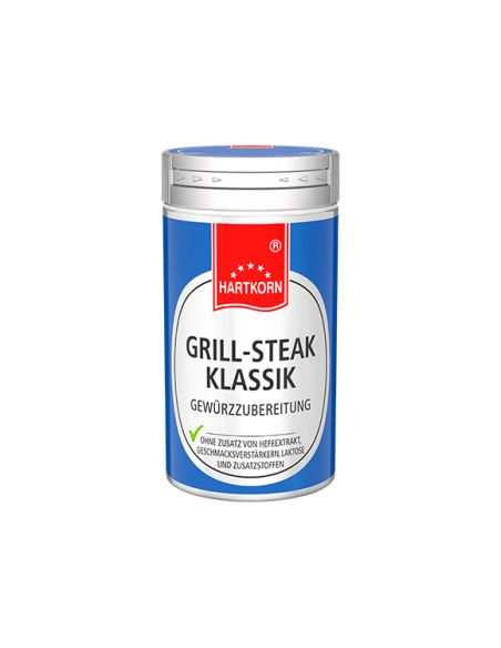 Gewürzdose mit der Aufschrift „Grill-Steak Klassik“ in blau-weißem Design von Hartkorn.