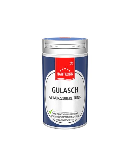 Dunkelblaue Hartkorn-Gewürzdose mit der Aufschrift „Gulasch Gewürzzubereitung“.