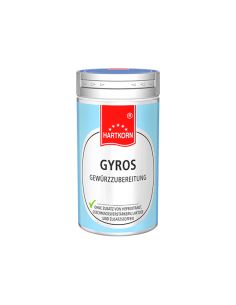 Gyros-Gewürzstreuer mit silbernem Deckel und hellblau-rotem Etikett