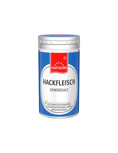 Blaue Gewürzdose mit der Aufschrift „Hackfleisch Gewürzsalz“ von Hartkorn.