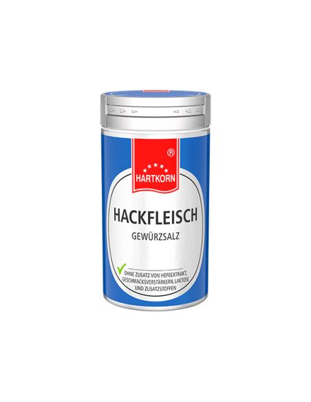 Blaue Gewürzdose mit der Aufschrift „Hackfleisch Gewürzsalz“ von Hartkorn. Blaue Gewürzdose mit der Aufschrift „Hackfleisch Gewürzsalz“ von Hartkorn.