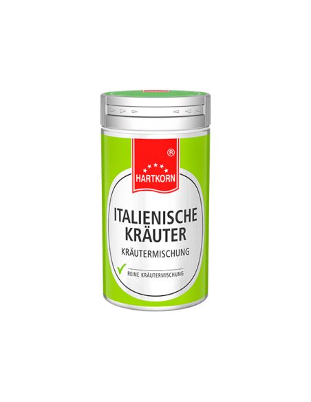 Gewürzdose mit grünem Etikett und rotem Deckel, Aufschrift „Italienische Kräuter – Mischung“ Gewürzdose mit grünem Etikett und rotem Deckel, Aufschrift „Italienische Kräuter – Mischung“