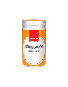 Orangefarbene Gewürzdose von Hartkorn mit der Aufschrift ‚Knoblauch fein gehackt