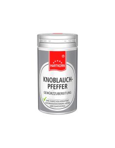 Silberne Hartkorn-Gewürzdose mit rotem Etikett und der Aufschrift ‚Knoblauch-Pfeffer Gewürzzubereitung