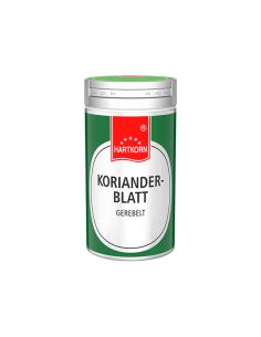 Grüne Dose mit der Aufschrift ‚Korianderblatt gerebelt‘ von Hartkorn