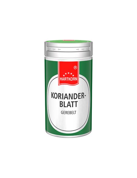 Grüne Dose mit der Aufschrift ‚Korianderblatt gerebelt‘ von Hartkorn Grüne Dose mit der Aufschrift ‚Korianderblatt gerebelt‘ von Hartkorn