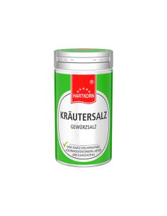 Grüne Hartkorn-Dose mit der Aufschrift ‚Kräutersalz Gewürzsalz‘ auf weißem Etikett mit rotem Logo