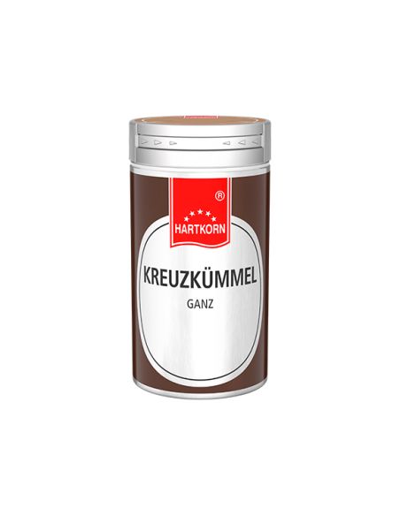 Braune Hartkorn-Gewürzdose mit rotem Deckel und weißem Etikett, beschriftet mit „Kreuzkümmel ganz Braune Hartkorn-Gewürzdose mit rotem Deckel und weißem Etikett, beschriftet mit „Kreuzkümmel ganz