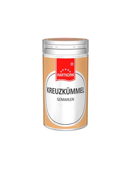 Gewürzdose mit gelbem Etikett und rotem Deckel, Aufschrift „Kreuzkümmel – gemahlen