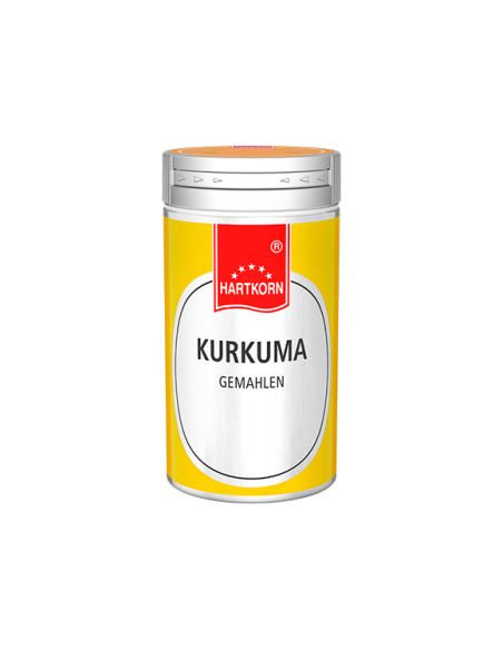 Gelbe Gewürzdose von Hartkorn mit der Aufschrift „Kurkuma gemahlen Gelbe Gewürzdose von Hartkorn mit der Aufschrift „Kurkuma gemahlen