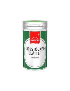 Ein silberfarbener Gewürzstreuer mit rotem und grünem Etikett, darauf steht: „Hartkorn – Liebstöckelblätter, gerebelt“.