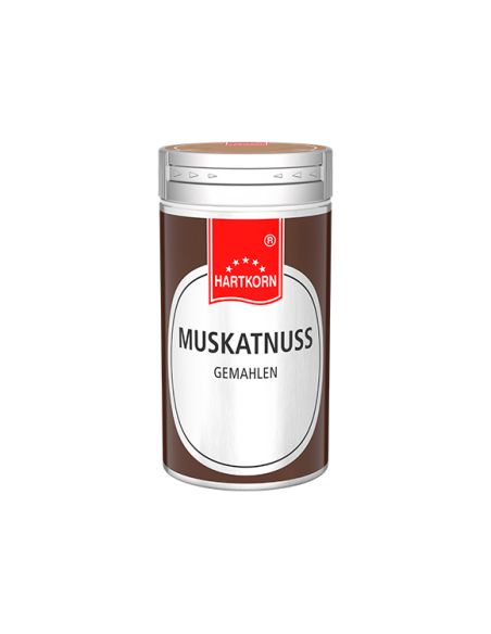 Braune Hartkorn-Dose mit rotem Etikett und der Aufschrift „Muskatnuss gemahlen