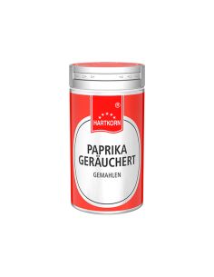 Rote Gewürzdose mit silbernem Deckel und weißem Etikett. Aufschrift: „Paprika Geräuchert, gemahlen“