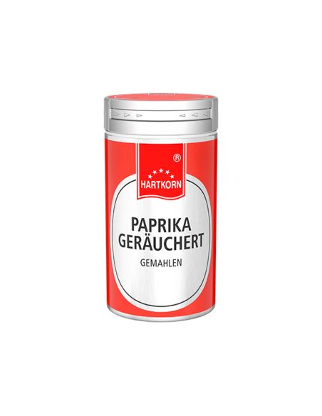 Rote Gewürzdose mit silbernem Deckel und weißem Etikett. Aufschrift: „Paprika Geräuchert, gemahlen“ Rote Gewürzdose mit silbernem Deckel und weißem Etikett. Aufschrift: „Paprika Geräuchert, gemahlen“