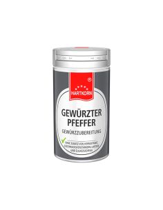 Graue Hartkorn-Gewürzdose mit rotem Etikett und der Aufschrift „Gewürzter Pfeffer“.