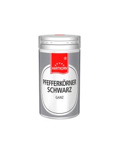 Runde Gewürzdose mit grauem Etikett, rotem Deckel und der Aufschrift „Pfefferkörner Schwarz ganz“