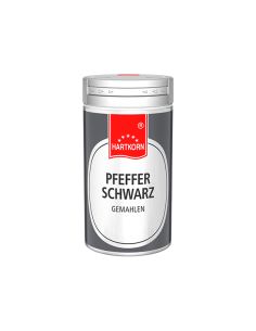 Silberfarbene Metalldose mit rotem Etikett und weißem Schriftfeld, darauf steht „Pfeffer Schwarz, gemahlen“