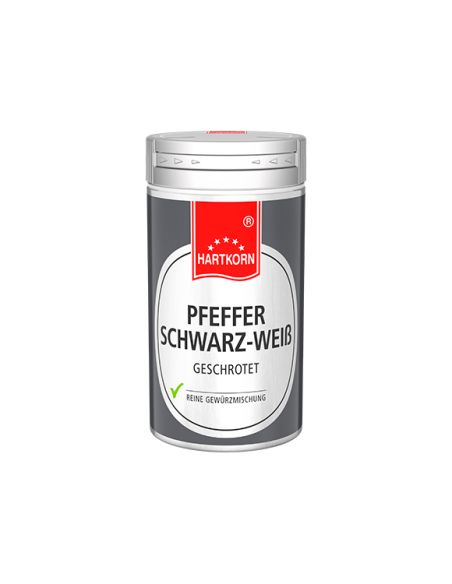 Runde Gewürzdose mit silbernem Deckel und rotem Etikett. Aufschrift auf dem Etikett lautet: „Pfeffer Schwarz-Weiß, geschrotet“