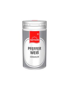 Silberne Gewürzdose mit rotem Deckel und weißem Etikett mit der Aufschrift „Pfeffer Weiß, gemahlen“