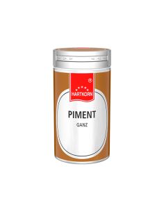 Runde braune Gewürzdose mit silbernem Deckel und rotem Etikett, beschriftet mit „Piment ganz“