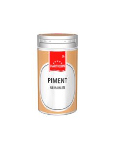Runde Gewürzdose mit rotem Deckel und hellbraunem Etikett, darauf steht „Piment gemahlen“