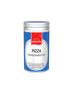 Blaue Gewürzdose mit silbernem Deckel und weißem Etikett. Auf der Vorderseite steht groß „Pizza Gewürzzubereitung