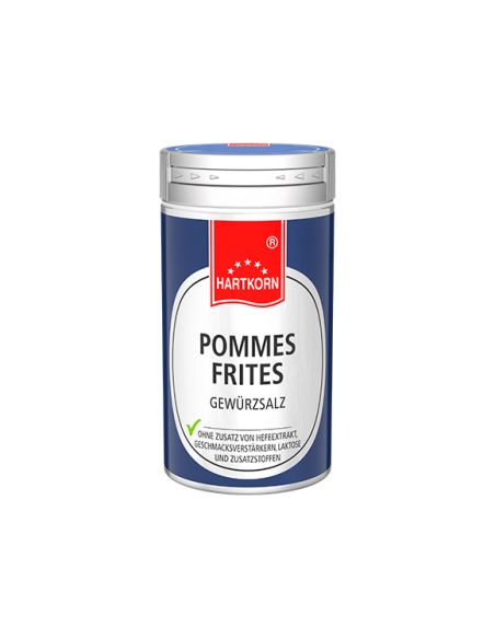 Dose mit silbernem Deckel, dunkelblauem Etikett und weißem Beschriftungsfeld mit der Aufschrift "Pommes Frites Gewürzsalz"