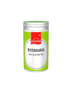 Grüne Gewürzdose mit silbernem Deckel und der Aufschrift „Rosmarin fein geschnitten“ auf weißem Etikett