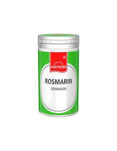 Grüne Gewürzdose mit silbernem Deckel und rotem Etikett, darauf steht in schwarzer Schrift „Rosmarin gemahlen“