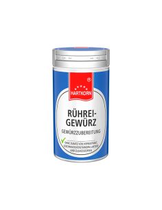 Gewürzdose mit blauem Etikett und weißer Fläche, darauf steht „Rührei-Gewürz Gewürzzubereitung