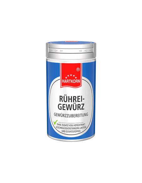 Gewürzdose mit blauem Etikett und weißer Fläche, darauf steht „Rührei-Gewürz Gewürzzubereitung Gewürzdose mit blauem Etikett und weißer Fläche, darauf steht „Rührei-Gewürz Gewürzzubereitung
