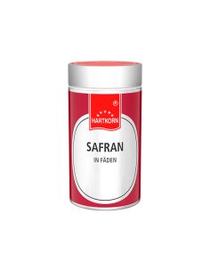 Rote Metalldose mit weißem Etikett, darauf steht "Safran in Fäden"