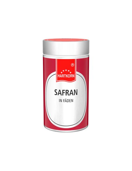 Rote Metalldose mit weißem Etikett, darauf steht "Safran in Fäden" Rote Metalldose mit weißem Etikett, darauf steht "Safran in Fäden"
