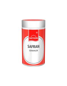 Rote Gewürzdose mit weißem Etikett und der Aufschrift „Safran gemahlen“