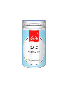 Eine silberne Gewürzdose mit blauem Etikett. Oben das rote Hartkorn-Logo, darunter steht „Salz“.