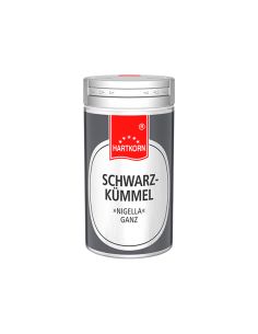 Runde Gewürzdose mit silbernem Deckel und grauem Etikett, beschriftet mit „Schwarzkümmel – Nigella – Ganz