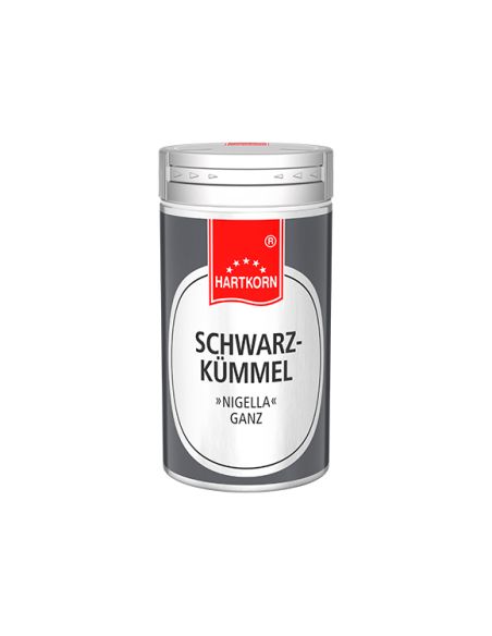 Runde Gewürzdose mit silbernem Deckel und grauem Etikett, beschriftet mit „Schwarzkümmel – Nigella – Ganz Runde Gewürzdose mit silbernem Deckel und grauem Etikett, beschriftet mit „Schwarzkümmel – Nigella – Ganz