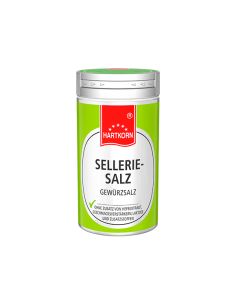 Silberfarbene Dose mit grünem Etikett, darauf die Aufschrift „Selleriesalz Gewürzsalz“