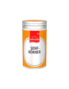 Orangefarbene Gewürzdose mit silbernem Deckel, weißem Etikett und rotem Logoaufdruck, beschriftet mit „Senfkörner“