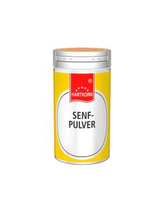 Eine silberne Gewürzstreuer mit gelbem Etikett und rotem Deckel, beschriftet mit „Senf Pulver“ von Hartkorn.