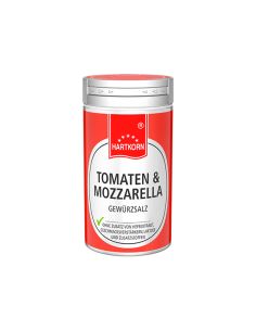 Silberne Gewürzdose mit rotem Etikett und der Aufschrift „Tomaten & Mozzarella Gewürzsalz“ auf hellem Etikett.