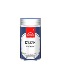 Runde Gewürzdose mit silbernem Deckel, blauem Etikett und rotem Hartkorn-Logo; darauf steht „Tzatziki Gewürzsalz“